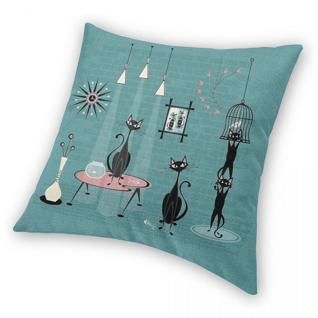 Mid Century Kitty Mischief Square Pillowcase Polyester Linen Velvet Pattern Decorative Throw Pillow Case Room Cushion Cover 18"