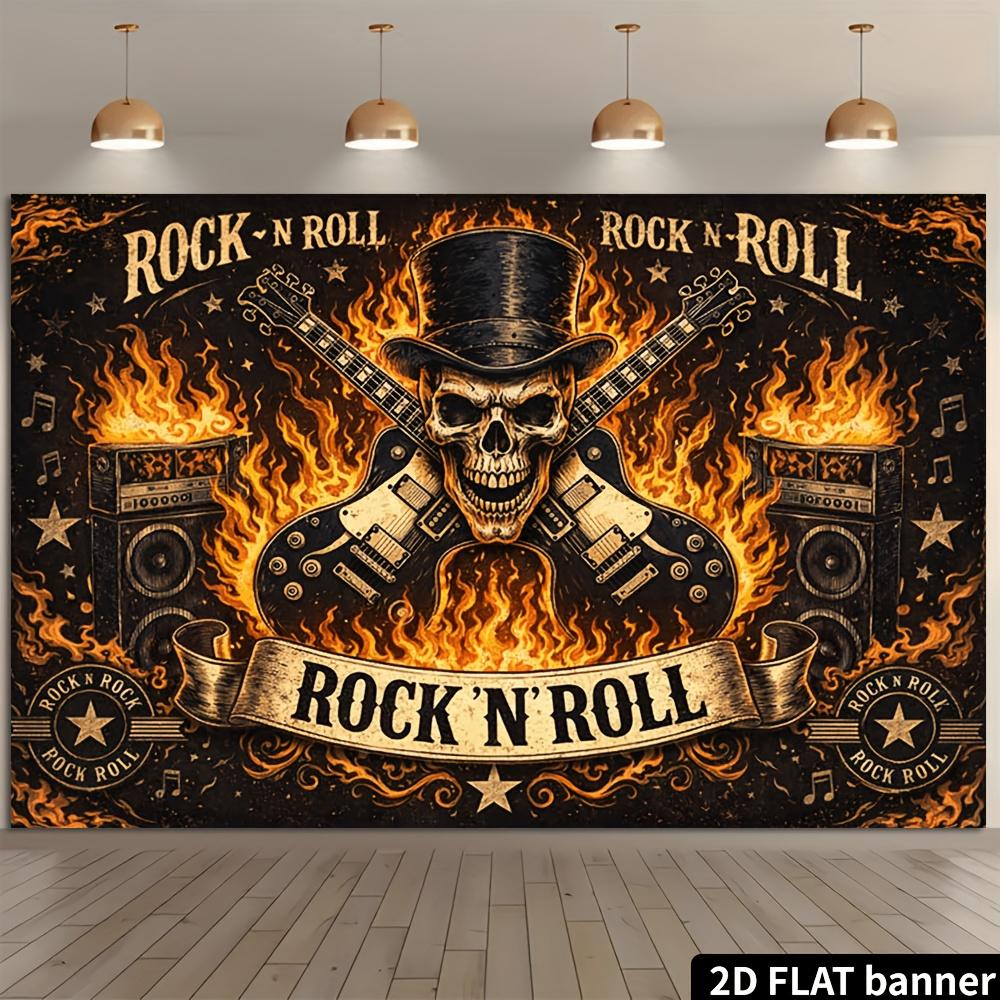 2D Plane Rock "RO N ROLL" Theme Background Banner Featuring Hat-wearing Skeleton with Dual Electric Guitars Elements