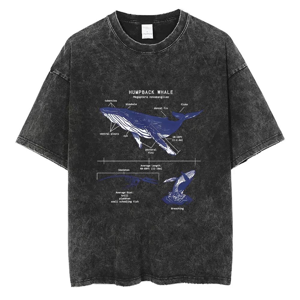Marine Animals Humpback Whale Anatomy Vintage Washed Tshirt Men Women Fashion Casual Oversized T Shirts Male Soft Cotton Tshirt