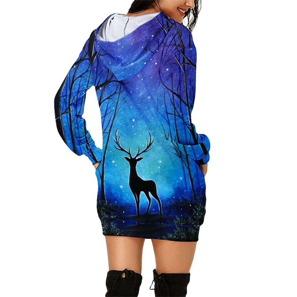 Women's Fashion Casual Print Long Sleeve Pocket Pullover Hooded Blouse Top