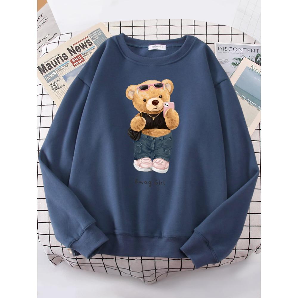 Street Teddy Bear Selfie Swag Women Funny Sweatshirt Female Hipster Hoody Crewneck Hoodies Fashion Oversize Pullover Tops