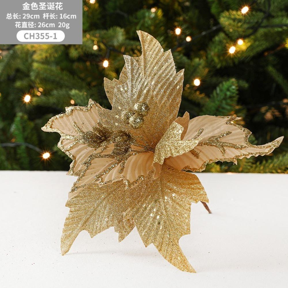 New 26cm Poinsettia Glitter Flower DIY Fake Flowers Christmas Flowers Large Wedding Decor Xmas Tree Decorations