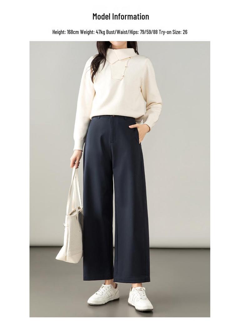 Женские брюки из лиоцелла и хлопка темно-синего цвета на осень 2025 года - с высокой посадкой, облегающие, повседневного прямого кроя