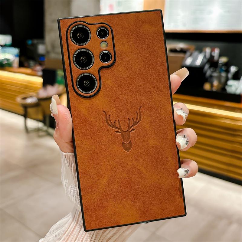 Для Samsung S25 S21 S22 S23 FE S24 Ultra Plus Мягкая кожаная задняя крышка с изображением головы оленя Для Galaxy A56 A36 A26 A16 A55 A54 A53 A34 Чехол