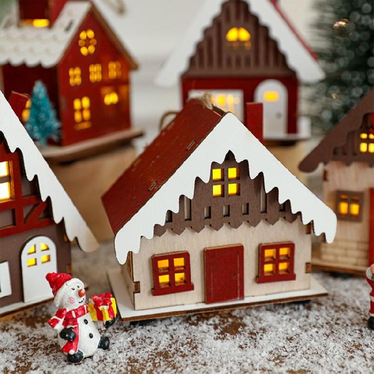 Wood Christmas Cabin with Light Elegant Christmas Village Wood Houses with Soft Lighting Indoor Decors Gift