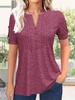 Women's Pleated V Neck T-Shirt Short Sleeve Solid Color Zipper Summer Casual Top