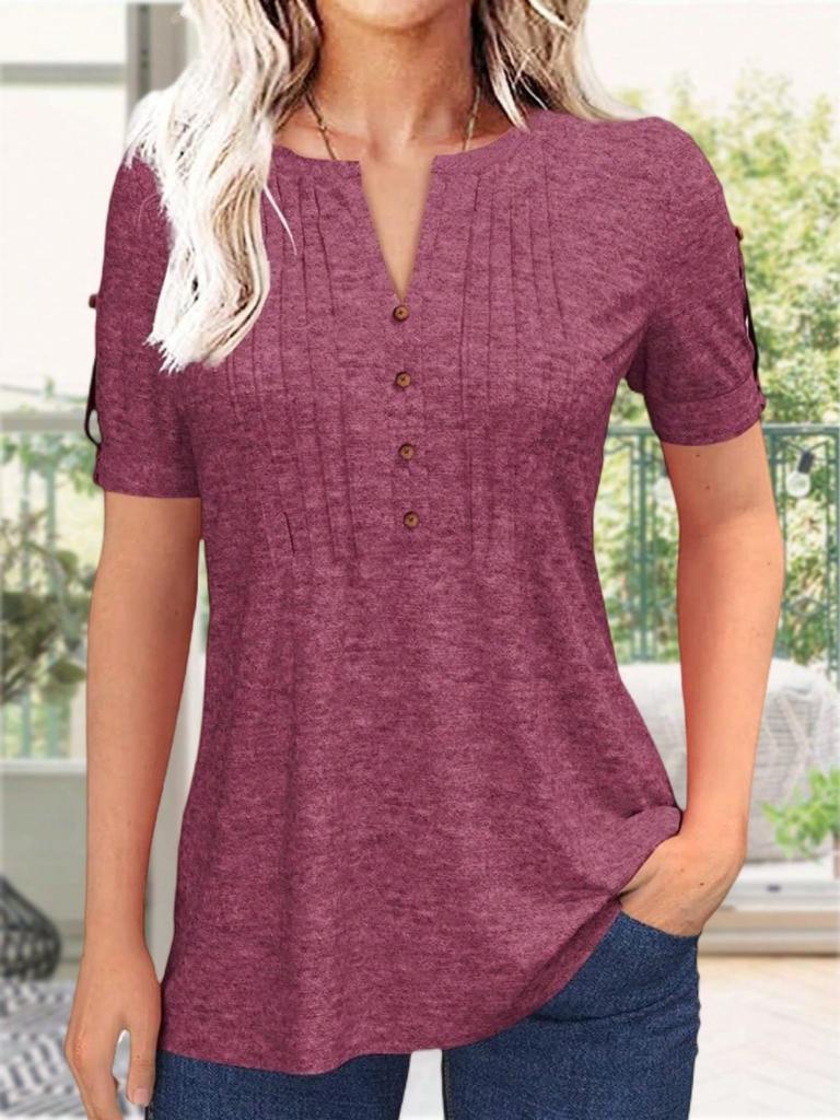 Women's Pleated V Neck T-Shirt Short Sleeve Solid Color Zipper Summer Casual Top