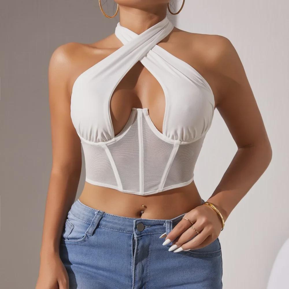 Жилет Cross-Border Mesh Lace-Up Halter Neck Backless с поддержкой Fishbone