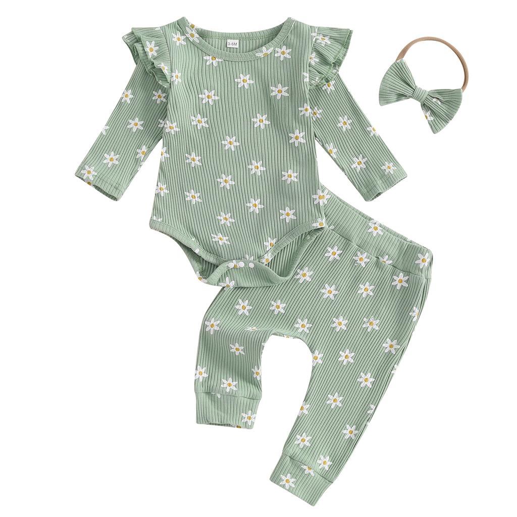 Citgeett Autumn Infant Baby Girls Floral Outfit Long Sleeve Romper Pants Bowknot Headband Fall Clothing Set