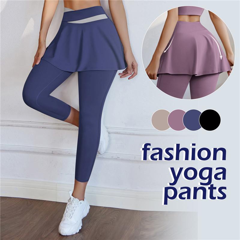 Брюки для фитнеса и йоги с юбкой, женские спортивные леггинсы из двух частей, спортивные леггинсы с эффектом пуш-ап, узкие брюки для бега