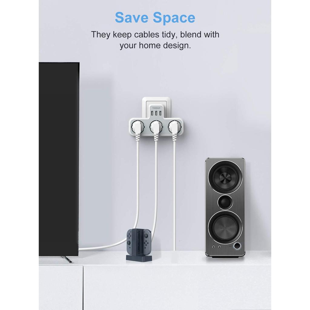 Tessan Адаптер-удлинитель настенной розетки европейского стандарта с 3 розетками переменного тока, 2 портами USB и 1 типом C, удлинитель с несколькими вилками 6 в 1 для дома