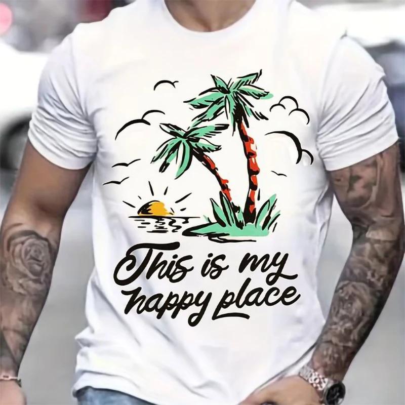 Funny Palm Tree Print T-shirts for Men Tshirts Graphic Clothing Spring Holiday Short Sleeve Loose Oversized Tops Boys Tees