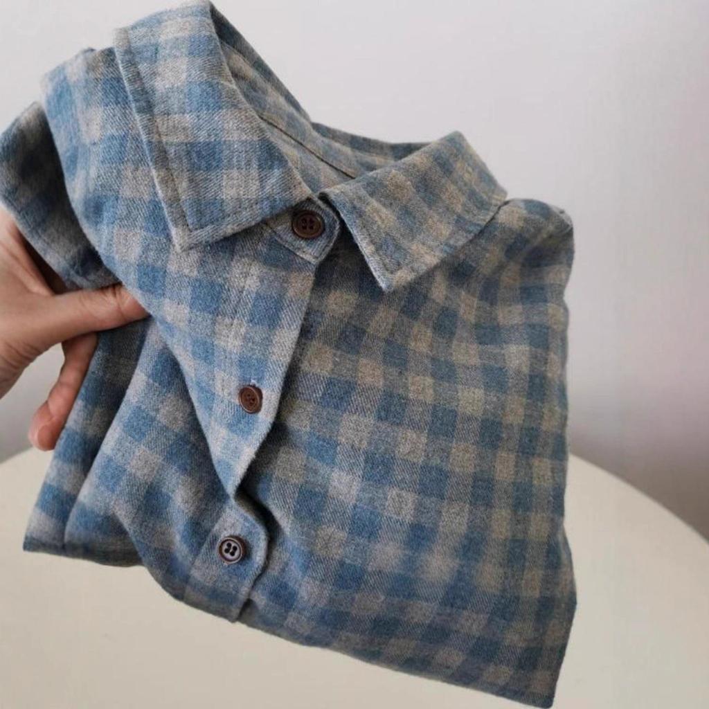 Женская сине-серая клетчатая ворсистая рубашка-куртка - Повседневная, универсальная осенне-зимняя верхняя одежда с ощущением высокого качества