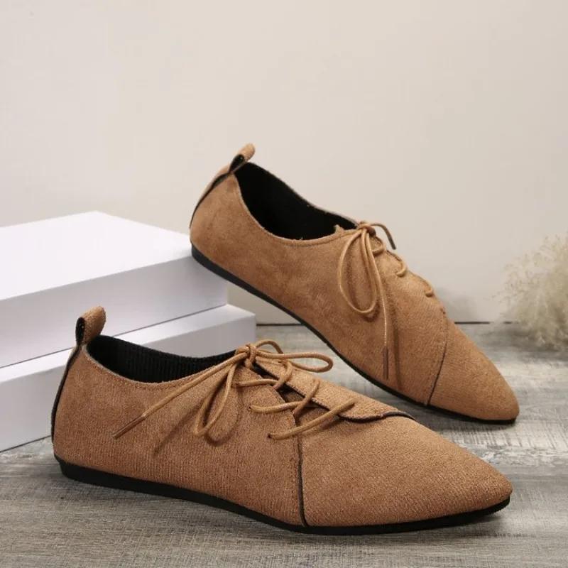 Модные туфли с острым носком, женские туфли, повседневная классика, черные удобные туфли на плоской подошве со шнуровкой, женские туфли на плоской подошве, осень 2024 г.