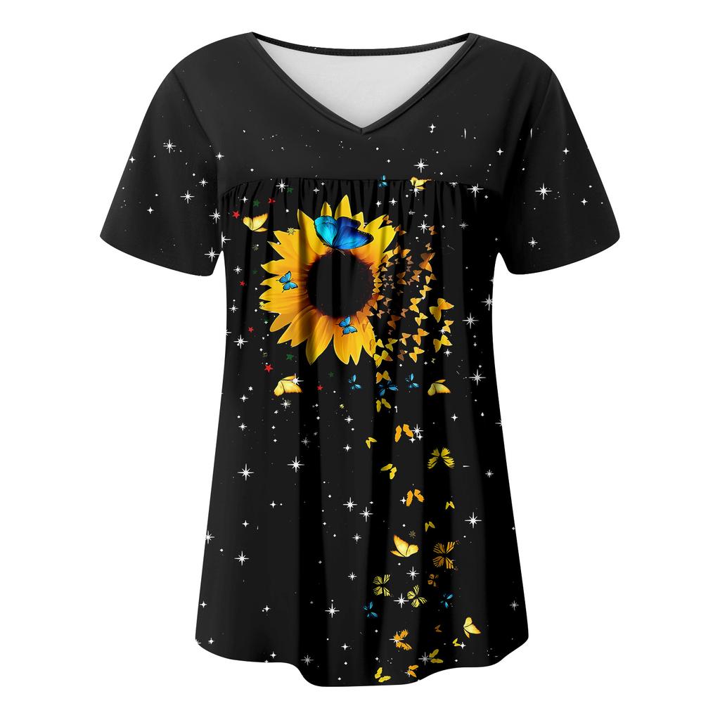 Women's Casual V-Neck Short Sleeve Chest Ruffle Printed Top