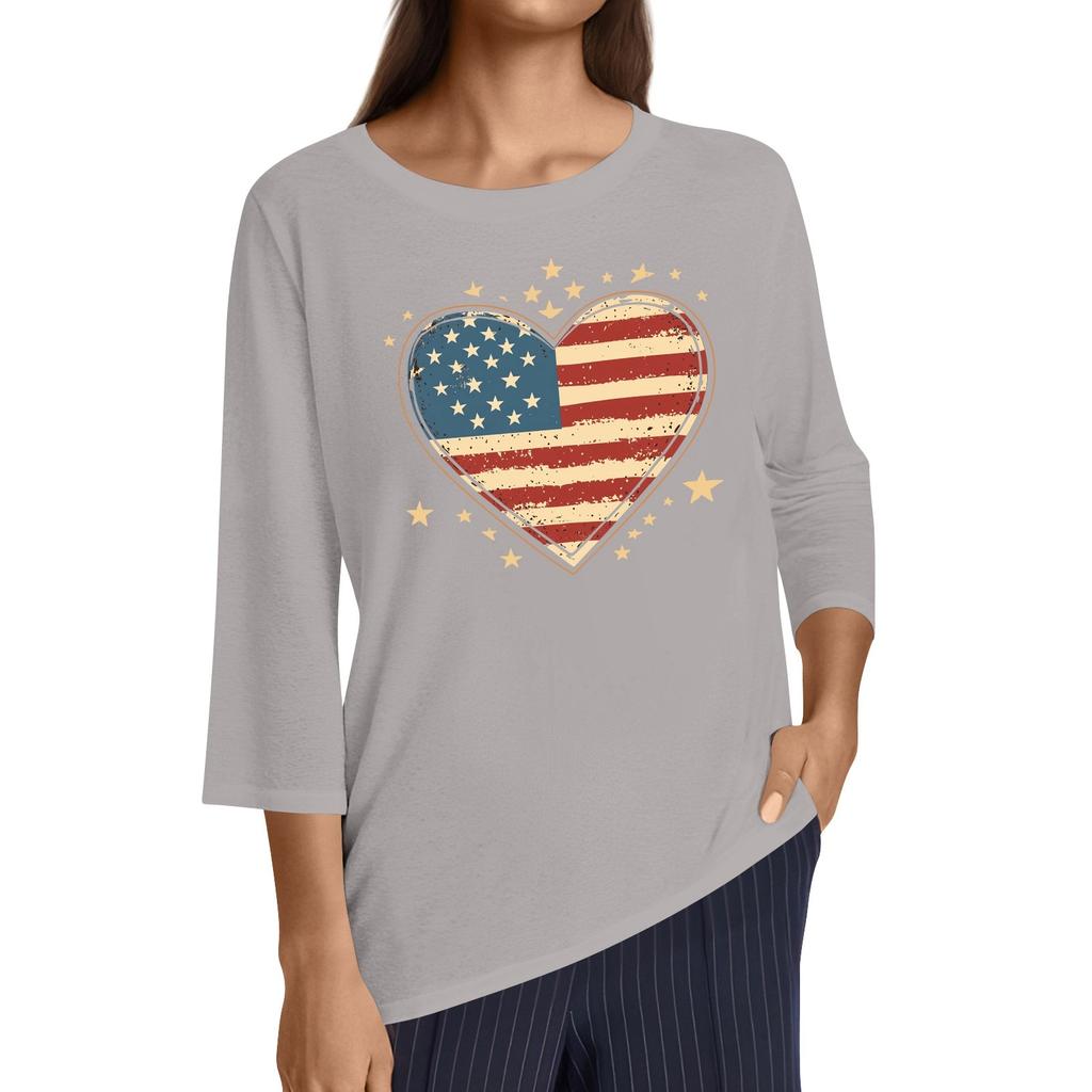 Women's Fashion Casual Round Neck 3/4 Sleeve Loose Independence Day Printed T-Shirt Ladies Top