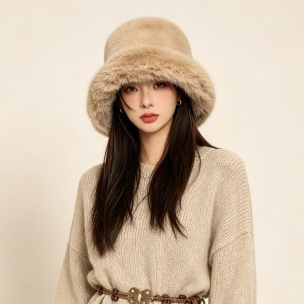 Women Winter Faux Rabbit Fur Bucket Hat Warm Soft Plush Panama Cap Solid Coldproof Fisherman Hat