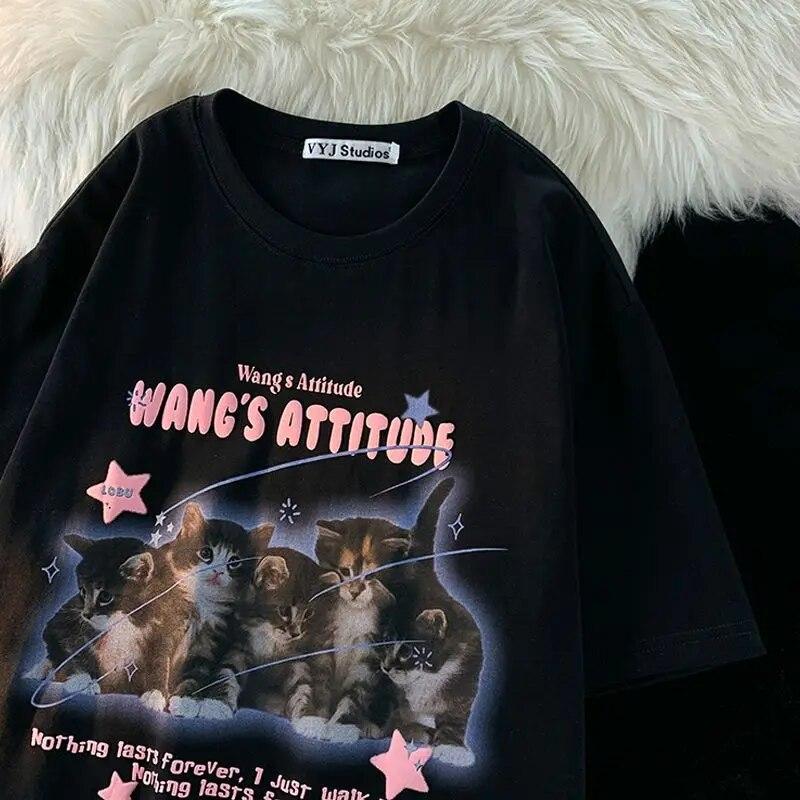 Хлопковая летняя футболка с короткими рукавами и милым котом, женский милый студенческий топ с половиной рукавов в японском стиле ретро, ​​топ Ins Y2k, футболка