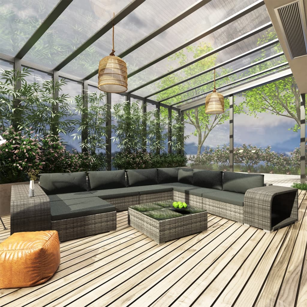 10 Piece Garden Lounge Set with Cushions Grey Poly Rattan