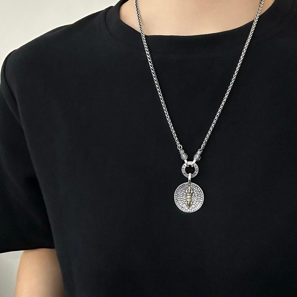 Серебряный кулон-ваджра из стерлингового серебра S925, круглый, с санскритскими письменами - Ретро, буддийский, этнический стиль, тяжелое ожерелье