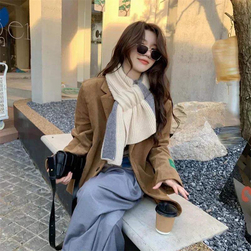 Korean Style Knitted Scarf for Women Girls Autumn Winter Soft Cross Patchwork Colors Scarves Lady Warm Neck Protection New