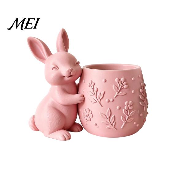 Mini Flowerpot 3D Printed Bunny Hugging Succulents Planter, Cute Rabbit Flower Pot with Embossed Desktop Ornament Planter Floral Body, Desk Decor for