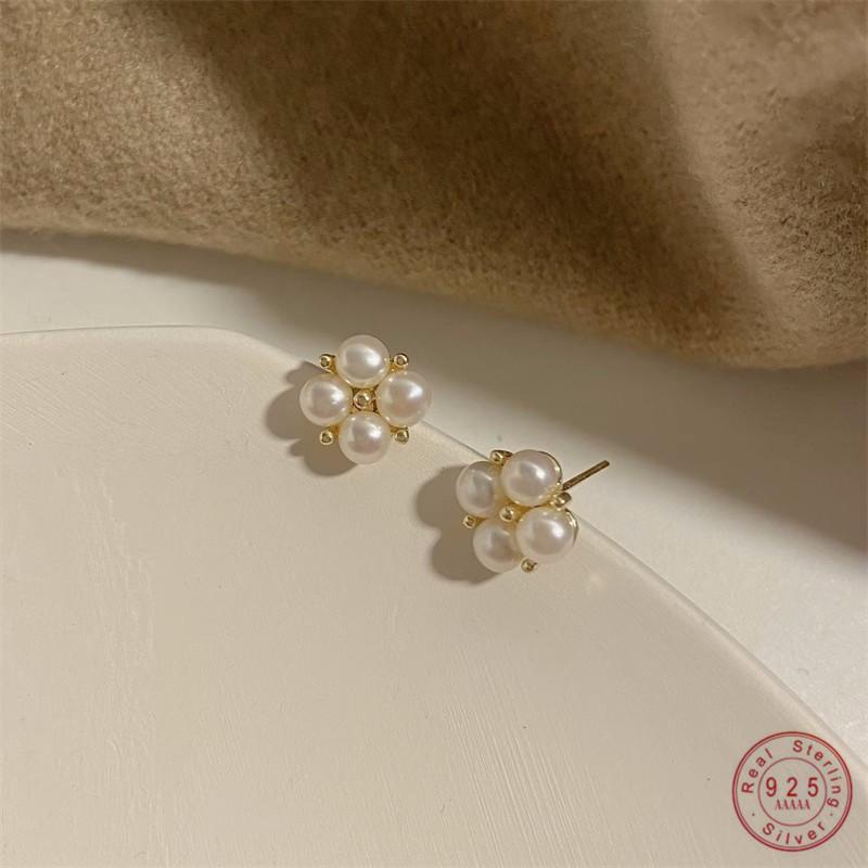925 Sterling Silver Four pearls Earring for Women French Temperament Exquisite Wedding Party Jewelry Accessories