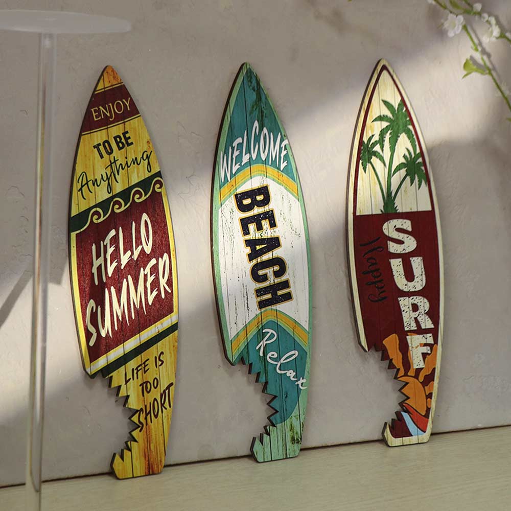 3Pcs Vintage Print Surfboard Wall Hanging Hawaiian Style Surfboard Wooden Sign Seaside Wall