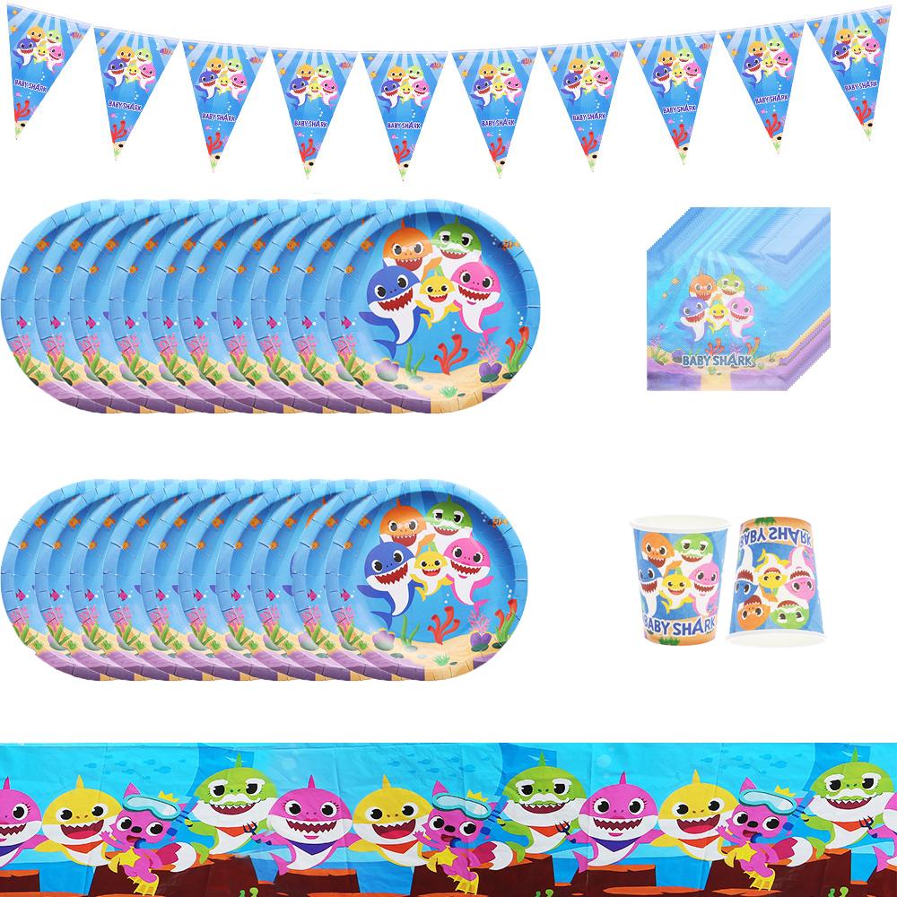 Набор посуды Baby Shark, 52 шт., включает в себя скатерть, вымпел, тарелки, чашки, салфетки