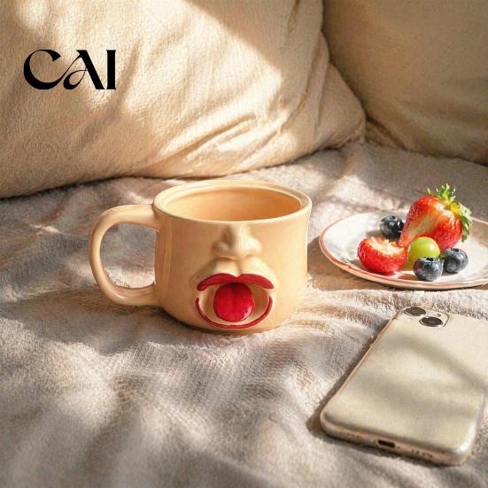 Unique Tongue Sticking Out Cup Quirky Ceramic Coffee Mug, 10oz 3D Sculpted Face Decorative Tea for Students Milk, Funny Creative Drinkware Home