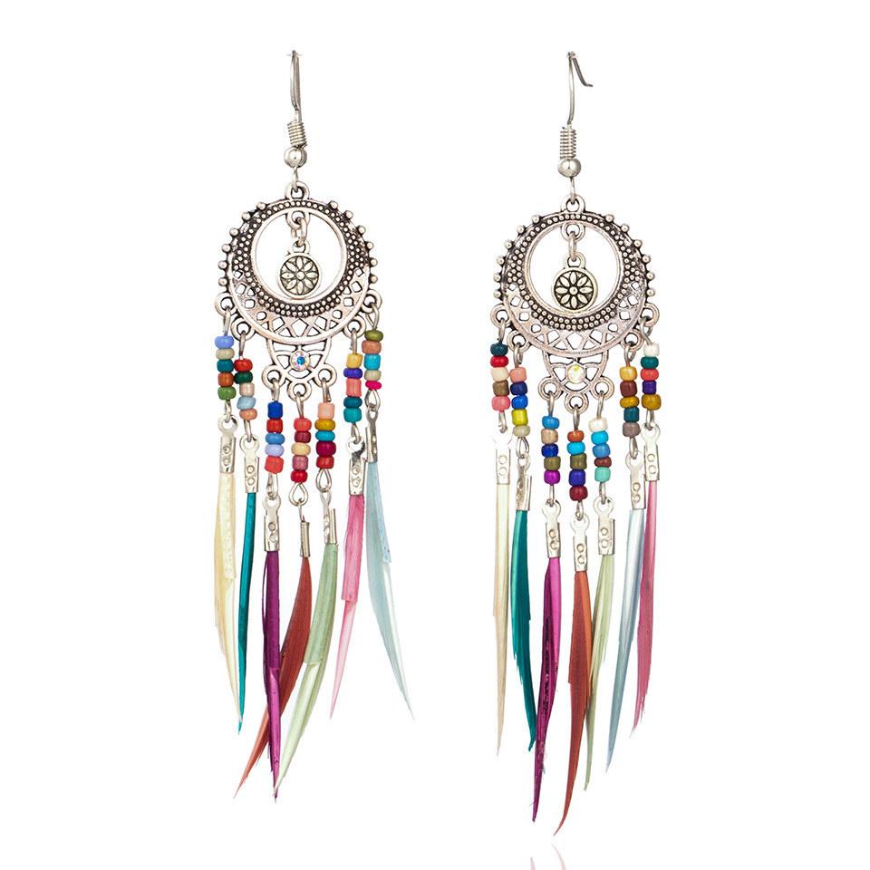 Bohemian Feather Earrings 2024 Ethnic Vintage Rainbow Colorful Beads Feather Tassle Earrings For Women Hawaiian Jewelry