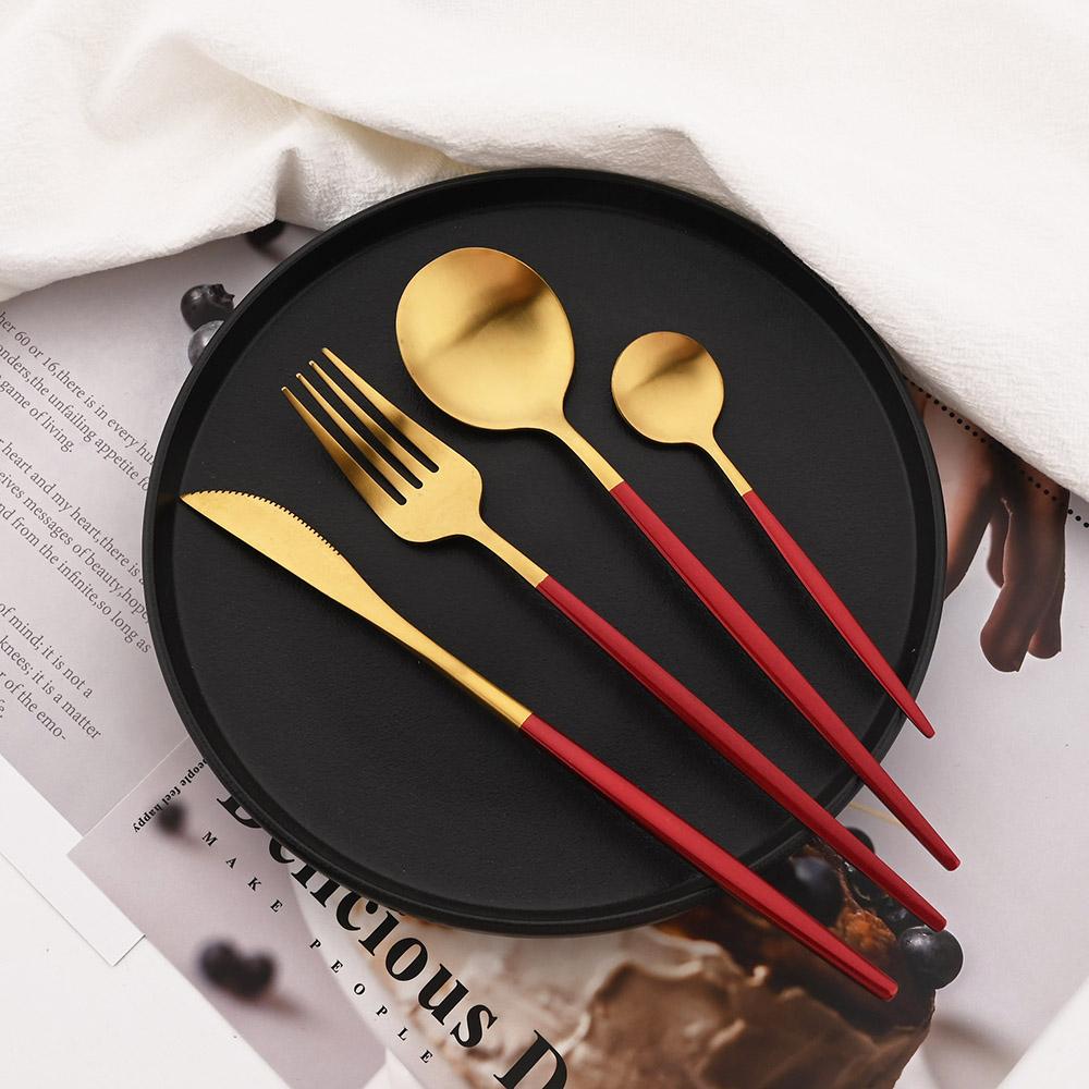 Набор столовой посуды из 16 предметов, набор столовых приборов красного и золотого цвета, вилка из нержавеющей стали, нож, чайная ложка, столовые приборы для ужина, кухонный набор столовых приборов