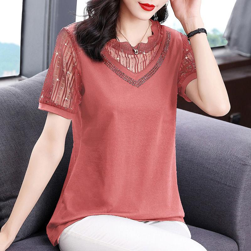 Commute Fashion Gauze Spliced Pullovers Women's Clothing Casual Round Neck Diamonds Summer Short Sleeve Solid Color T-shirt