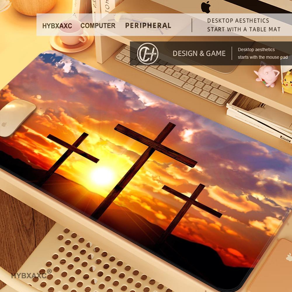 HYBXAXC XXL Art Design Jesus and Cross Mouse Pad Large Non-Slip Rubber Base Desk Mat Office Believer Gift Religious Keyboard Pad