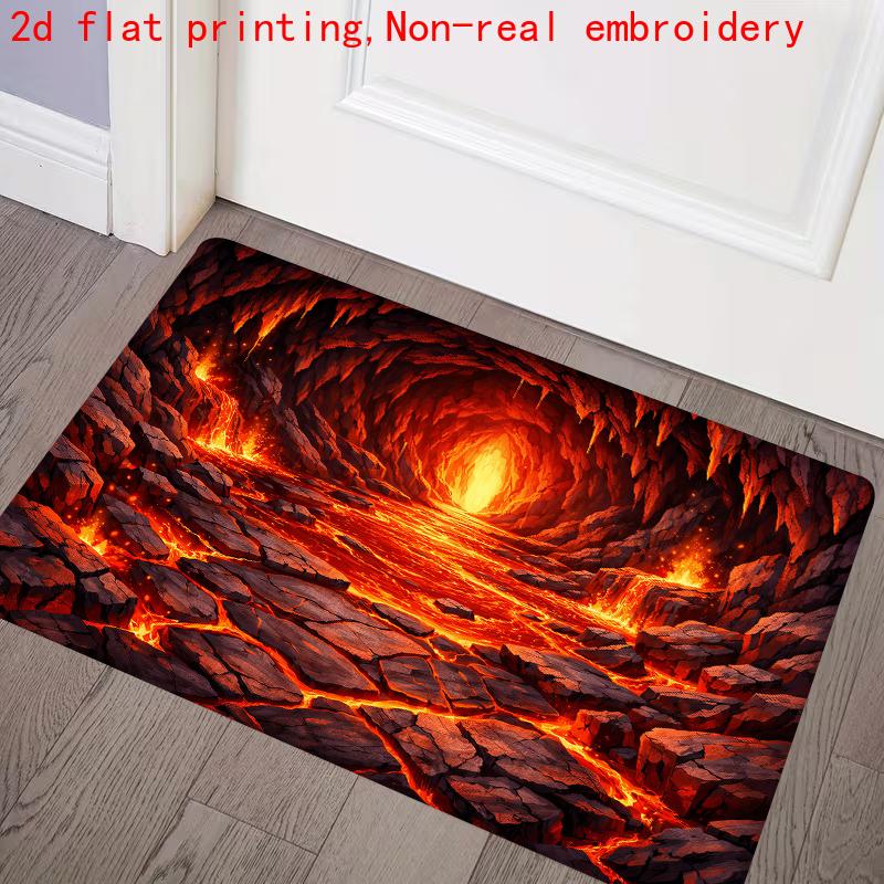 1pc, 2D Flat Printing, Volcanic Lava Cave Visual Entrance Doormat, Anti-Slip Machine Washable Easy-to-Clean Polyester Mat, Suitable for Home and Outdo