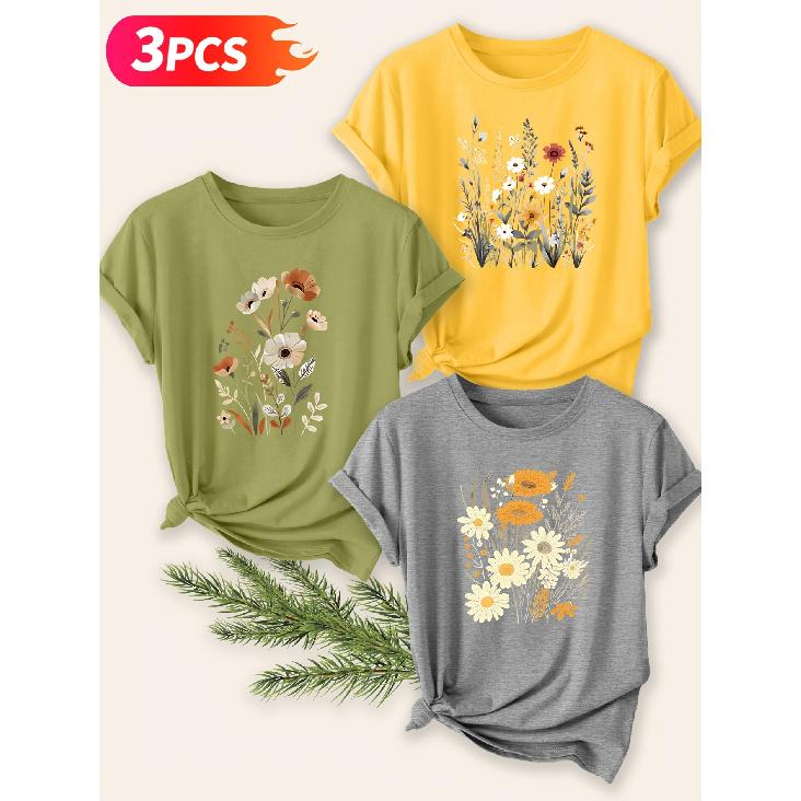 Three-piece set Elegant short-sleeved shirt for women Vintage Daisy Wildflower Print Round Neck Women's T Shirt Suitable for spring