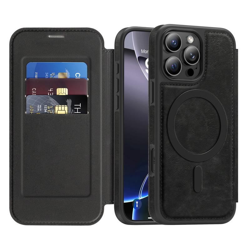 Роскошный кожаный чехол-книжка с отделением для карт для iPhone 16 Pro Max 15 Pro 14 13 12 11 для Magsafe, ударопрочный чехол-бампер с беспроводной зарядкой и магнитным креплением