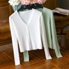 Knitted Thin Spring and Summer Curved Beads Ice Silk Long Sleeves Over Cardigan Women's Solid Color V-neck Sunscreen Top