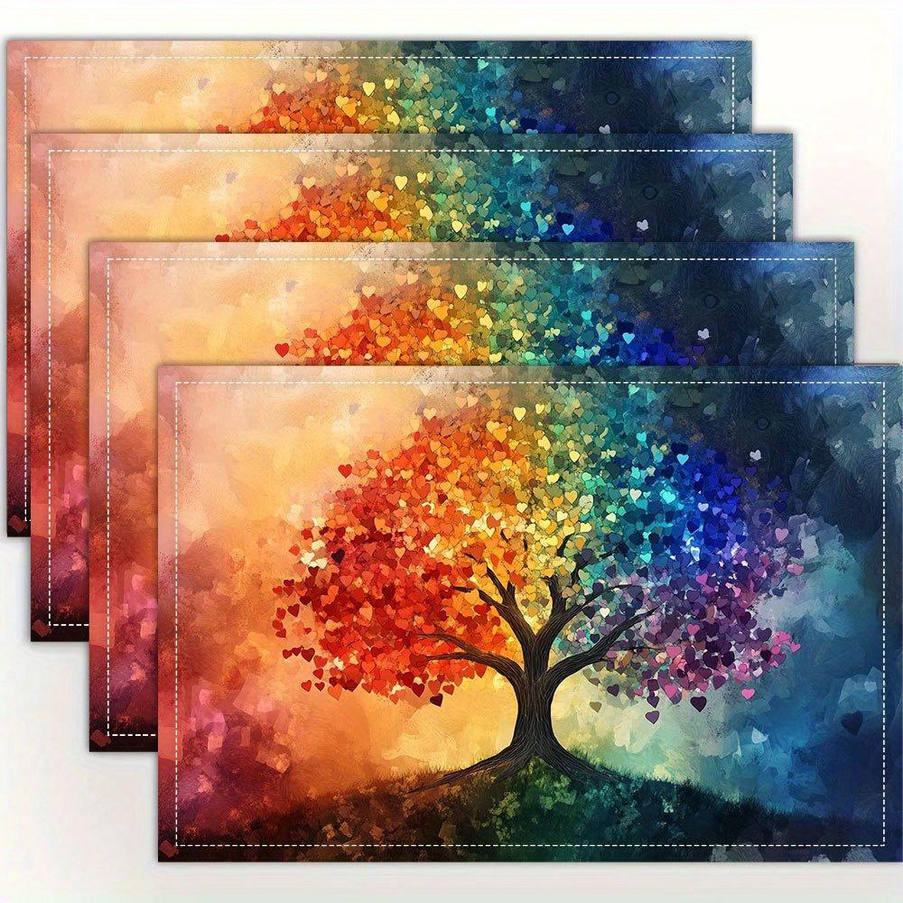 4pcs Set, Colorful Geometric Tree of Life Printed Placemats, Fashionable Pattern Table Mats, Suitable for Dining Tables, Kitchens, Parties, Indoor,