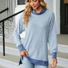 Осенне-зимний топ для женщин с контрастным шейным воротником, свободная футболка с длинными рукавами и разрезом