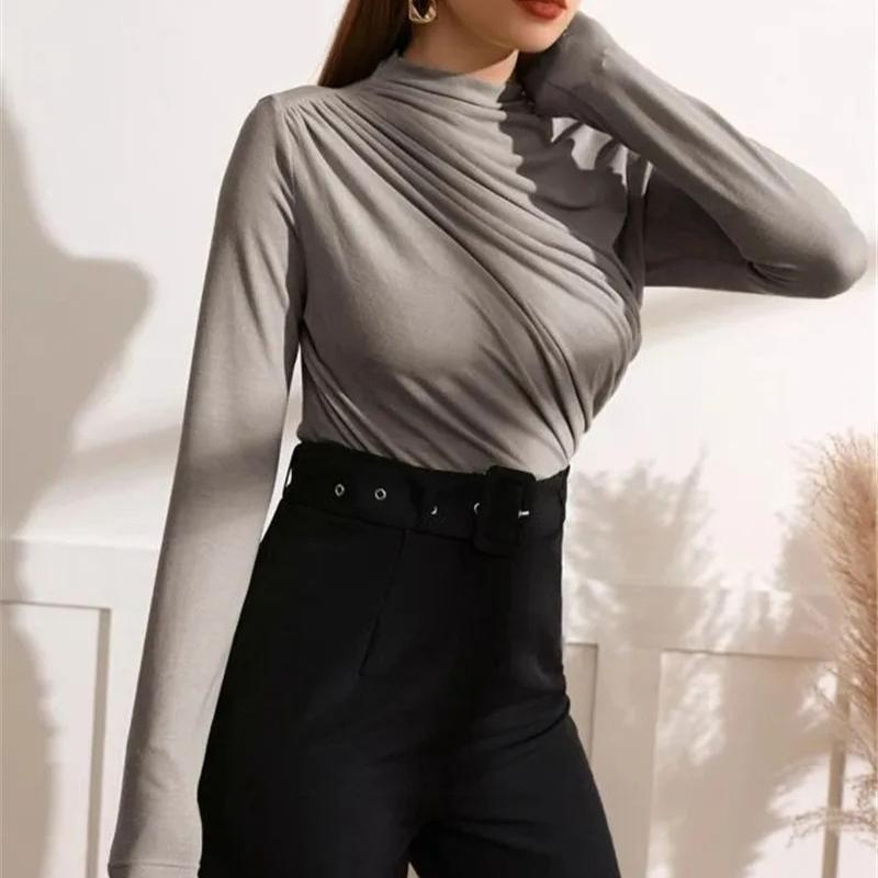 Autumn Women Long Sleeve Elastic Pure Color Going Out Tops Ruched Fashion Elegant Softy Slim Crop Top