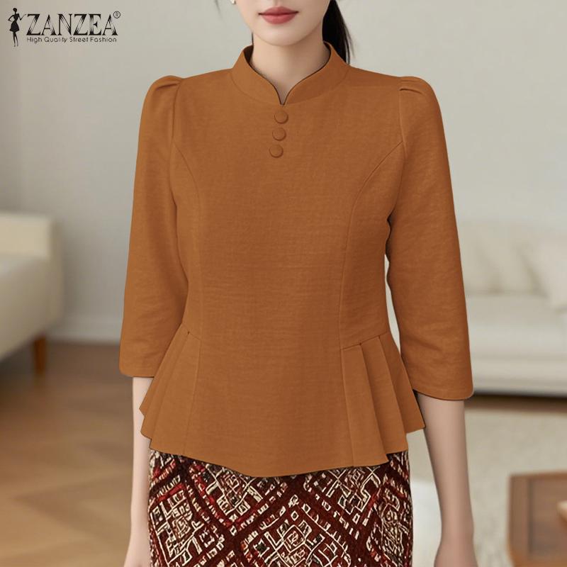 ZANZEA Женская повседневная блузка в стиле ретро со стойкой и рукавом 3/4