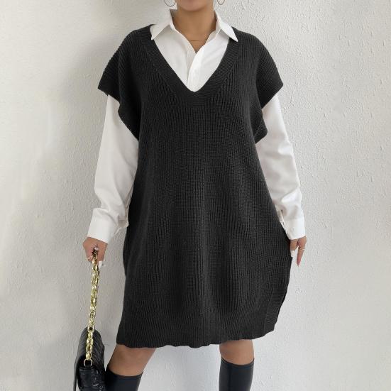 Женский свитер-жилет с V-образным вырезом, без рукавов, однотонный, вязаный, свободного кроя, с боковыми разрезами, повседневный свитер-жилет