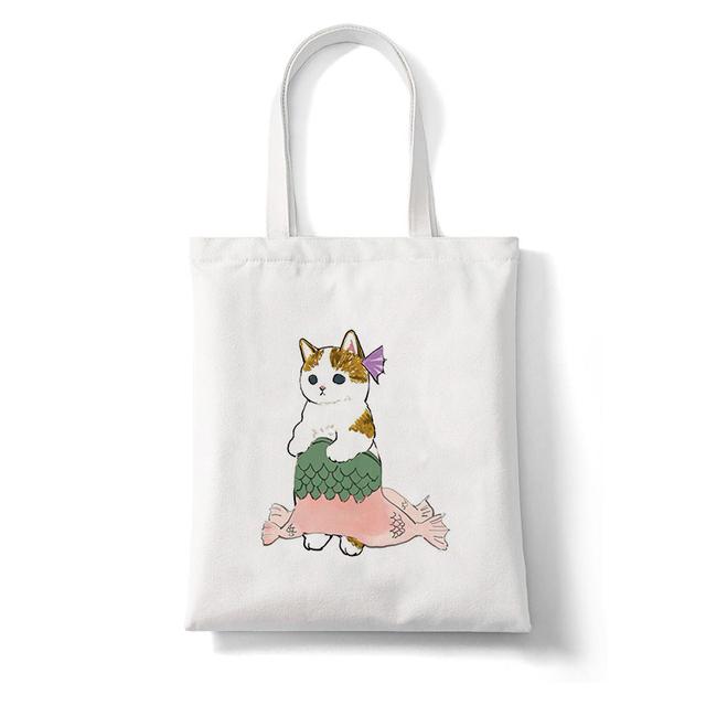Harajuku Kawaii Cat Cartoon Canvas Bag Shopper Bag Letter Print Large Capacity Houlder Bags Shopping Bag Casual Fashion Tote Bag