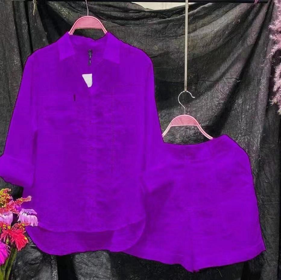 Женский костюм-двойка из хлопка и льна - Однотонный, Мода весна/осень