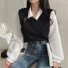 Женская футболка из двух частей с имитацией, с отстрочкой, воротником поло, с длинным рукавом, свободный свитер-топ