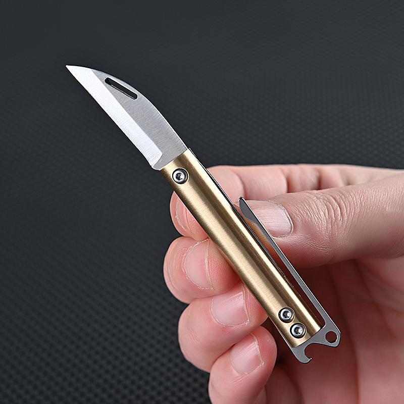 Brass Back Clip Bottle Opener Folding Knife Carry-on Unpacking Express Package Utility Knives Key Chain Pendant Paring Tool Gift