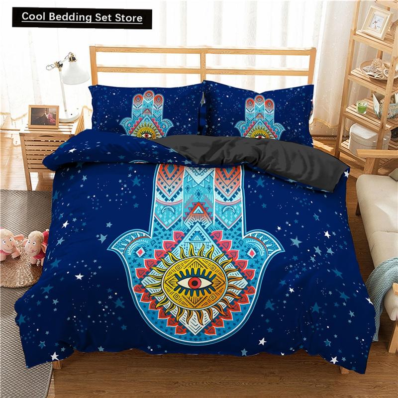 Comforter Hamsa Hand King Queen Gold Lucky Hand Of Fatima Bedding Set Black Boho Hippie Polyester Comforter