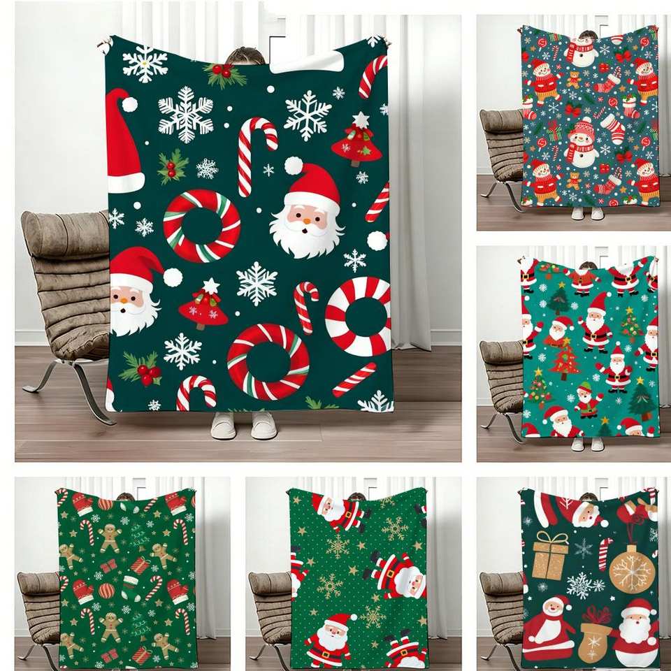 Christmas Gift Pattern Santa Claus Throw Lightweight 240g Flannel Blanket Soft Skin-friendly for Summer Cooling