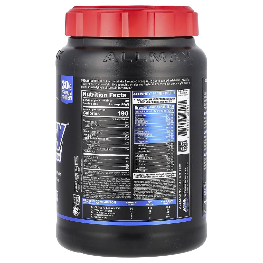 ALLMAX, Classic AllWhey®, 100% Источник сывороточного протеина, Ваниль, 2 фунта (907 г)
